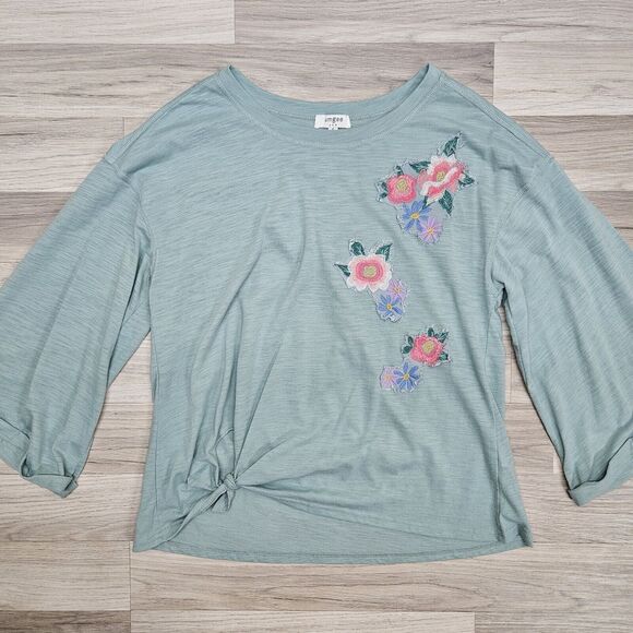 UMGEE Womens Pastel Green Floral Patch Wide Flowy Sleeve Knot Cotton Shirt Small - Picture 1 of 9